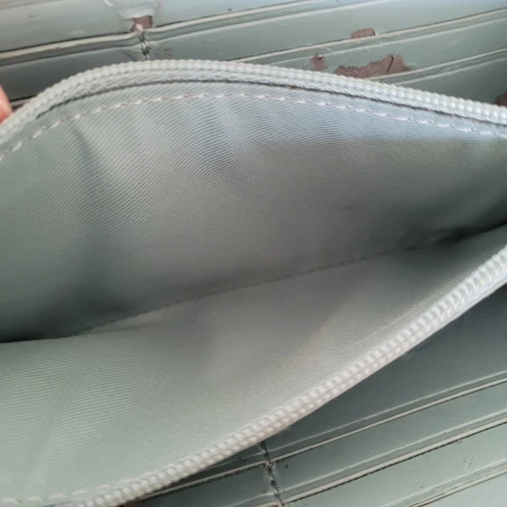 Coach Signature Accordion Zip Wallet Khaki Teal Monogram Canvas Long Wallet